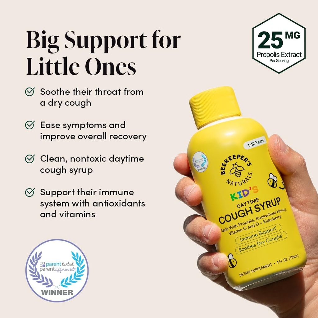 Beekeeper's Naturals Propolis Honey Cough Syrup Daytime for Kids Immune Support with Elderberry, Vitamin C, Vitamin D & Raw Honey - Throat Soothing - Gluten Free & Clean Ingredients, 4 oz. 4