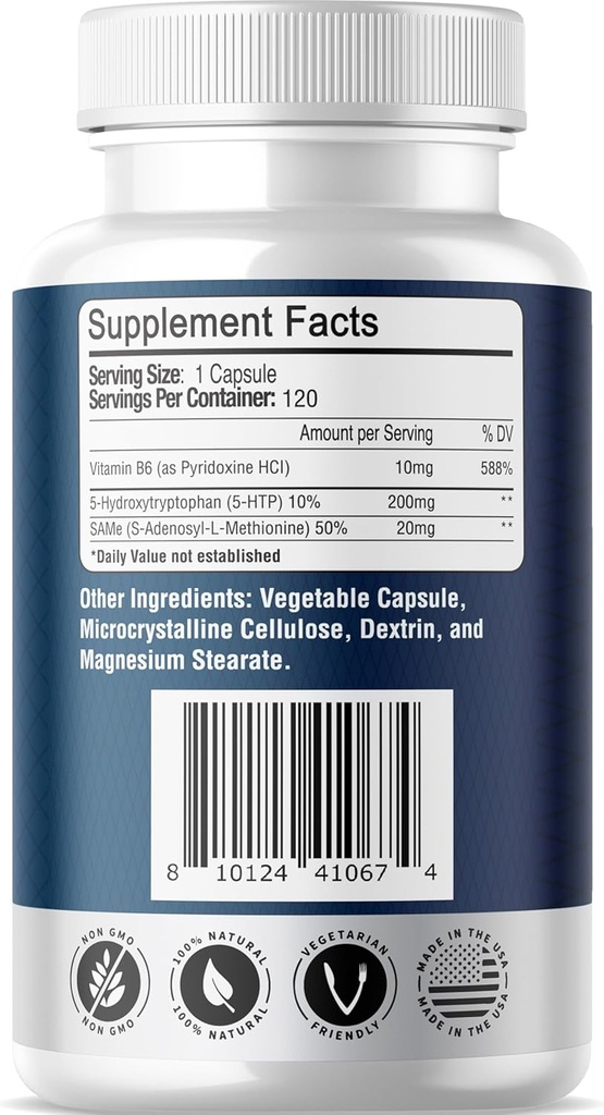 Just Potent 5-HTP Ultra 200mg | 120 Capsules - 4-Month Supply | for Sleep, Mood, and Brain Health | Fortified with SAM-e and Vitamin B6 5
