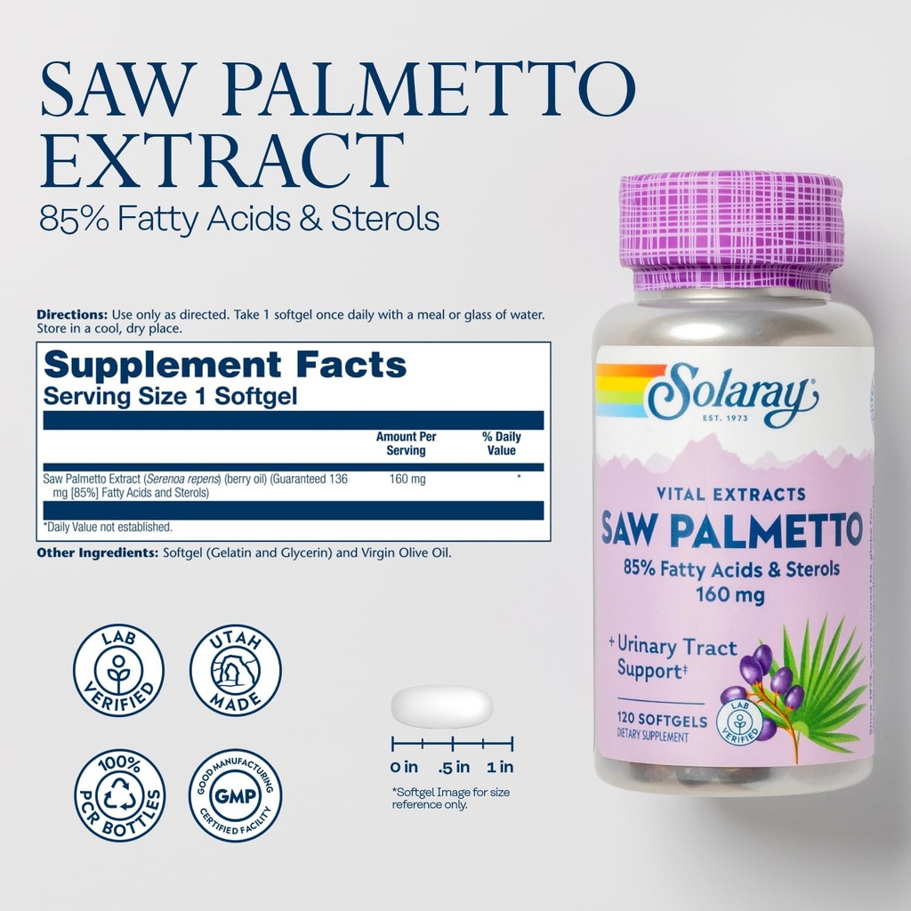 SOLARAY Saw Palmetto Extract - Prostate Health and Urinary Tract Support - 136 mg Fatty Acids and Sterols - Lab Verified, 60-Day Money-Back Guarantee (120 Servings, 120 Softgels) 3