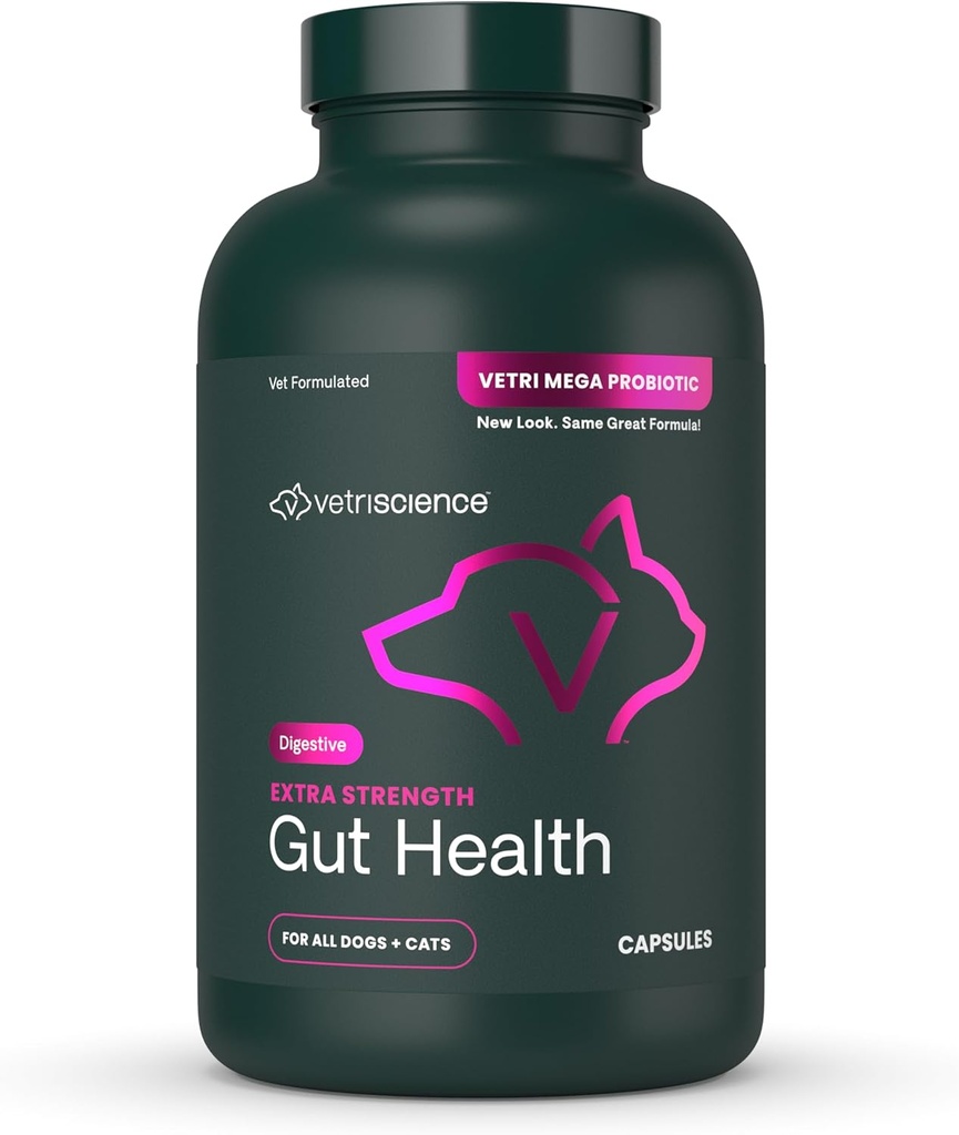 VetriScience Extra Strength Gut Health Probiotic & Prebiotic Digestive Supplements for Dogs & Cats, Gas & Diarrhea & Immune Support, Easy-Open Capsules, 180 Count - New Look 2