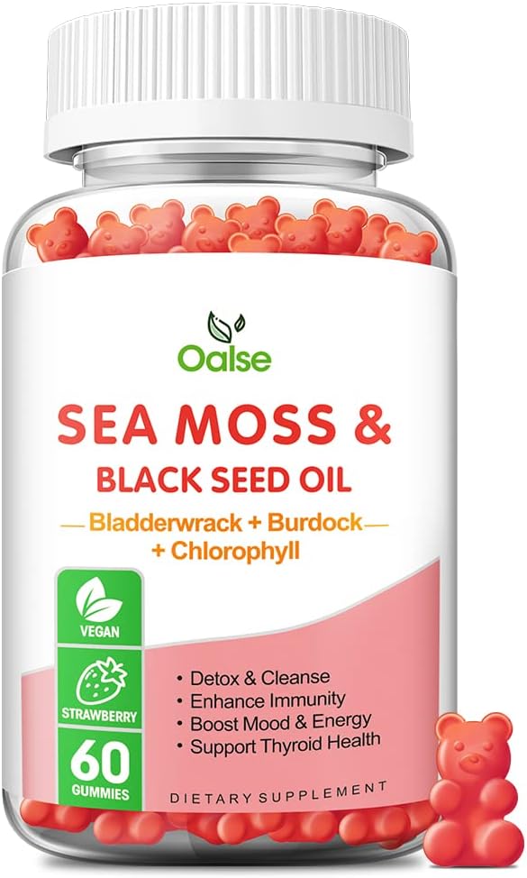 Sea Moss Gummies for Adults Kids with Chlorophyll, Bladderwrack, Burdock Root, Blck Seed Oil, Vitamin C & D3, Zinc, 8-in-1 Potent Formula Supports Immune System & Boost Energy (1-Pack) 2