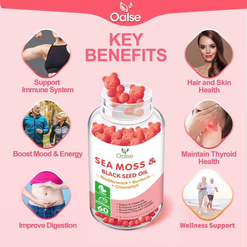 Sea Moss Gummies for Adults Kids with Chlorophyll, Bladderwrack, Burdock Root, Blck Seed Oil, Vitamin C & D3, Zinc, 8-in-1 Potent Formula Supports Immune System & Boost Energy (1-Pack) 3