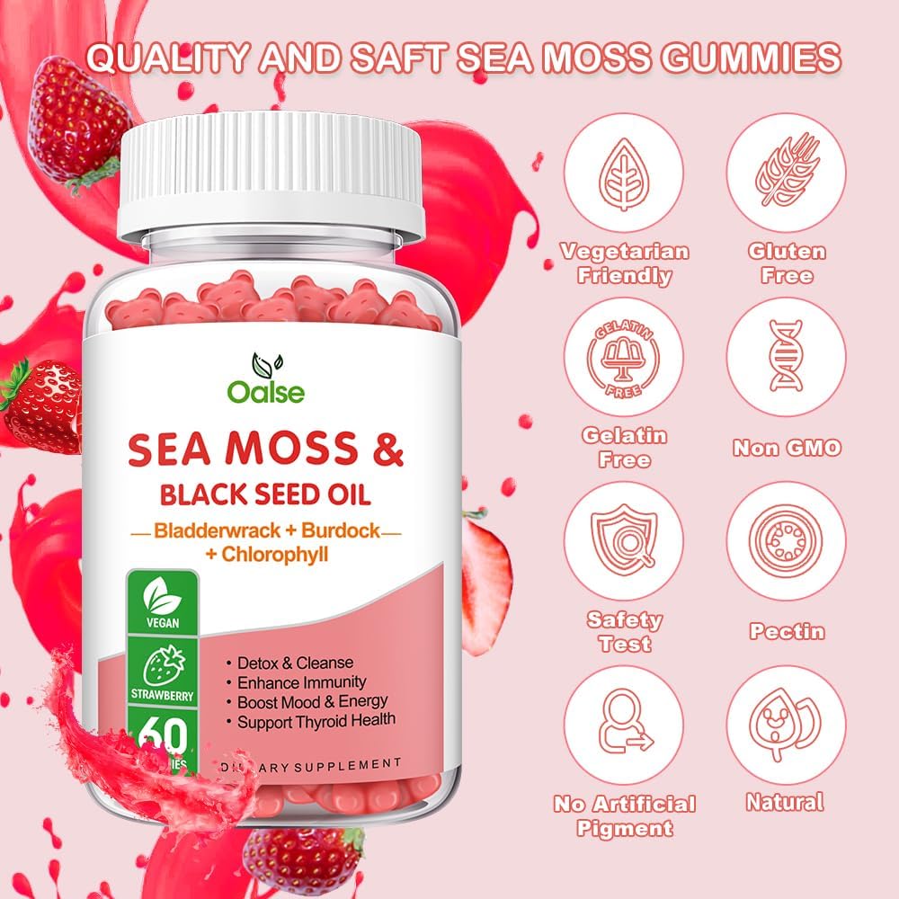 Sea Moss Gummies for Adults Kids with Chlorophyll, Bladderwrack, Burdock Root, Blck Seed Oil, Vitamin C & D3, Zinc, 8-in-1 Potent Formula Supports Immune System & Boost Energy (1-Pack) 5