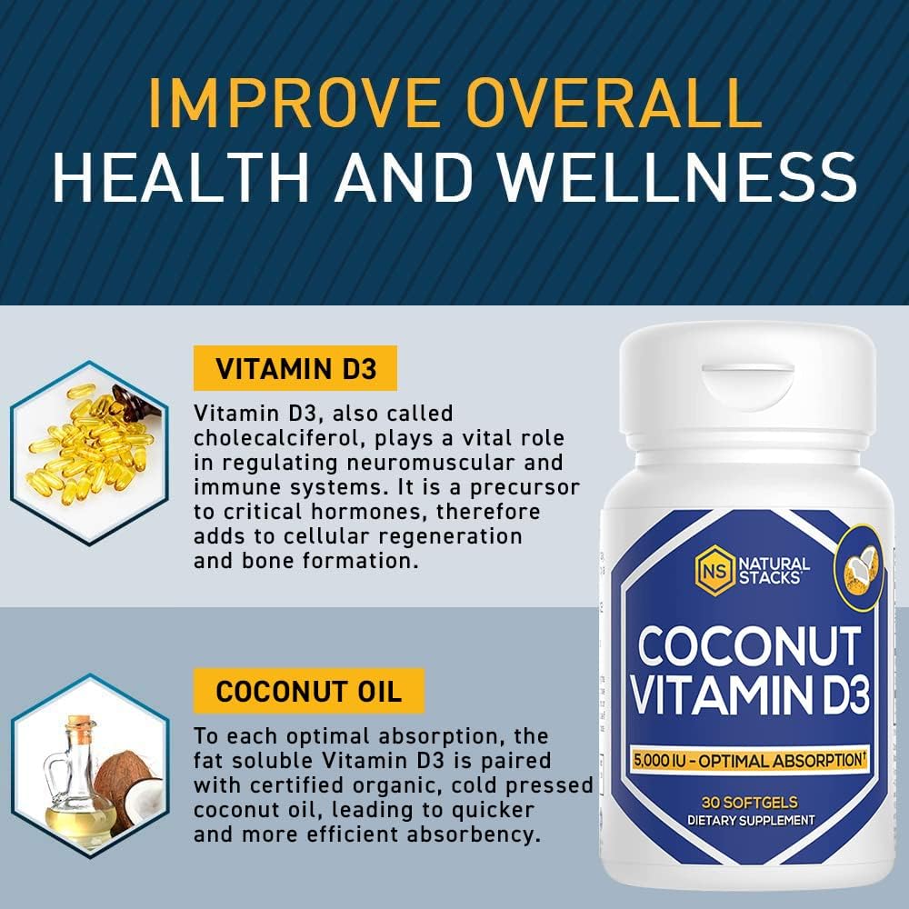 NATURAL STACKS Vitamin D 5000 IU Supplement - with Coconut Oil for Optimal Absorption - Vitamin D Pills for Immunity & Cell Growth - D3 125mcg Cholecalciferol Supplement - 30 D3 Servings 5
