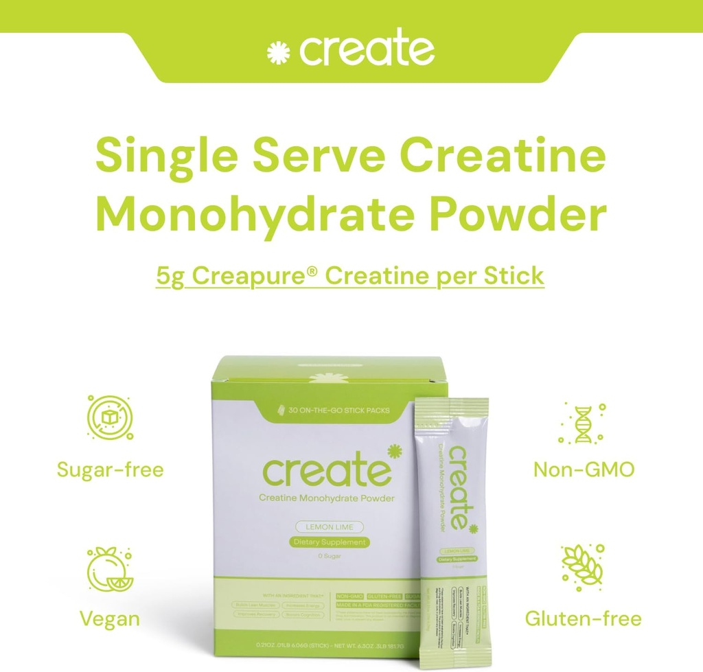 Create Single Serve Creatine Monohydrate Powder – 5g Creapure Creatine | Redefining Strength, Energy & Recovery | Sugar-Free, Vegan, Non-GMO | Lemon/Lime | 30 Packets 3