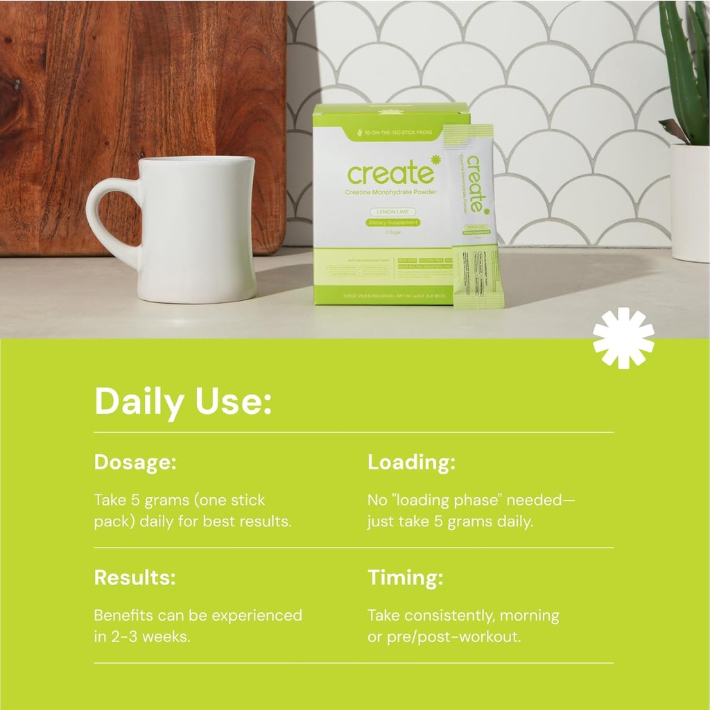 Create Single Serve Creatine Monohydrate Powder – 5g Creapure Creatine | Redefining Strength, Energy & Recovery | Sugar-Free, Vegan, Non-GMO | Lemon/Lime | 30 Packets 6