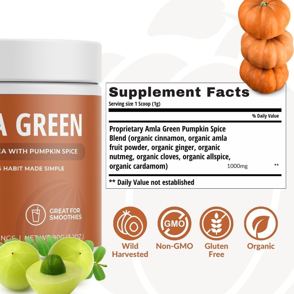 Amla Powder, Green Tea Superfood Supplement with Pumpkin Spice & Hibiscus & Elderberry, Organic, Vegan, 30 Servings 6