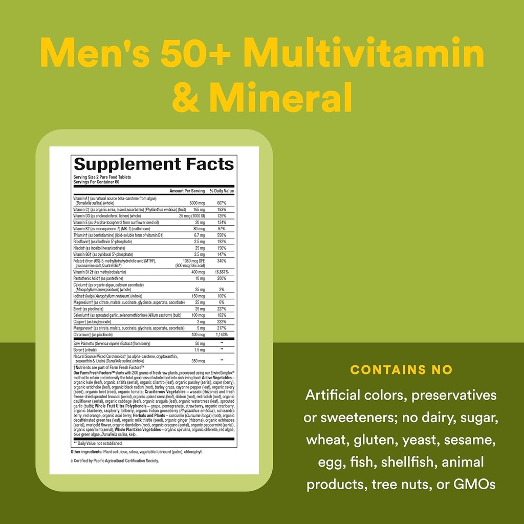 Natural Factors Whole Earth & Sea Men's 50+ Multivitamin & Mineral - Daily Nutritional Support Multivitamin - Supports Brain Health & Immune System Function - Vegan - 120 Tablets (60 Servings) 6