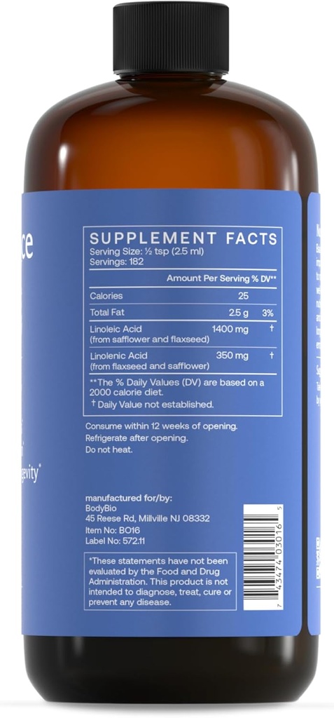 BodyBio Balance Oil - Vegan Omega 3 6 Supplement – Cold-Pressed Safflower & Flaxseed Oil – Supports Brain Function, Healthy Skin, and Mood 3