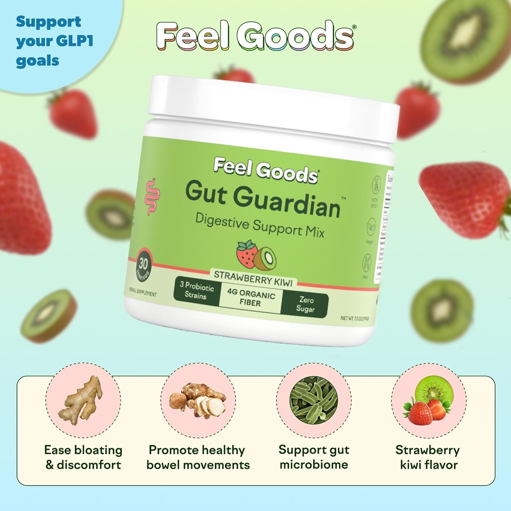 Feel Goods Gut Guardian, Organic Fiber, Probiotic & Prebiotic Powder, Sugar Free, Herbs for Bloat, Gut Health Support, Digestive Health for Men & Women, Non GMO, Vegan, Strawberry Kiwi, 30 Servings 3