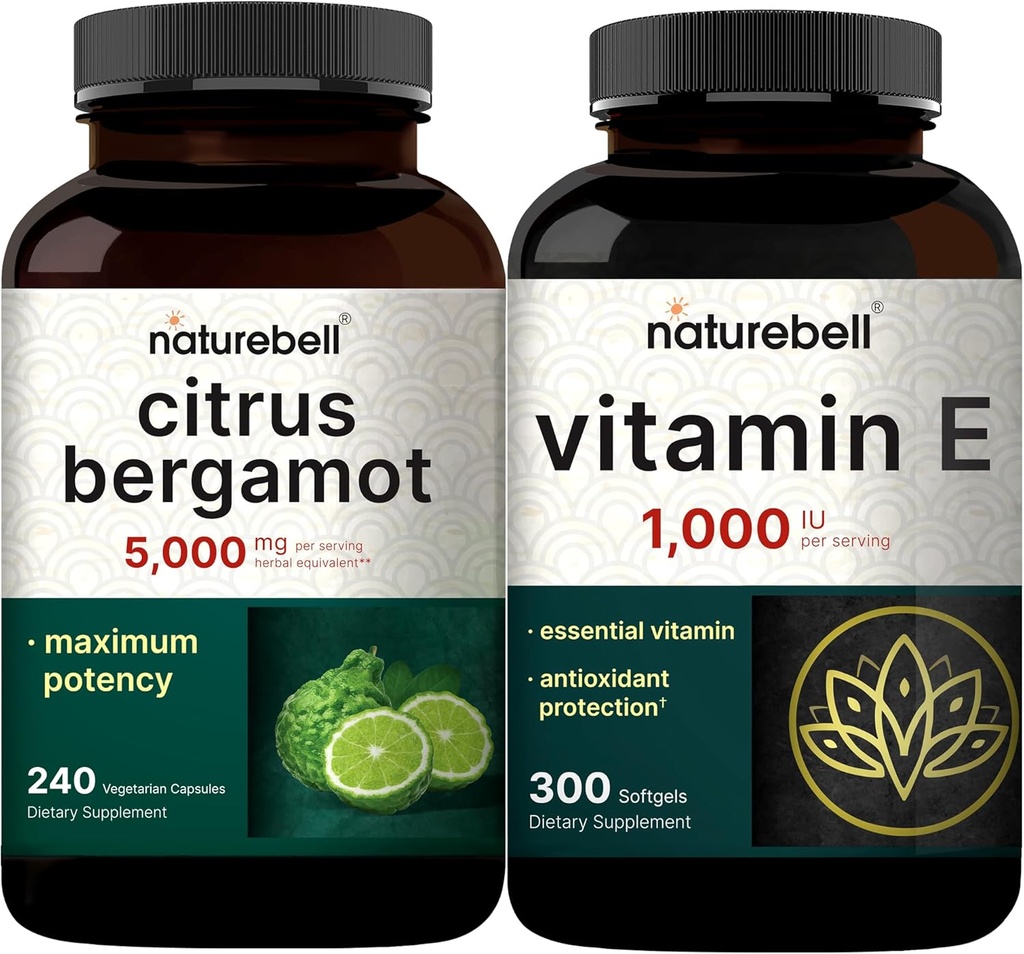NatureBell Vitamin E Oil Softgels, 1,000iu Per Serving & Citrus Bergamot Veggie Capsules 5,000 mg Equivalent Bundle Pack | Easily Absorbed Form | High Antioxidant Level 2