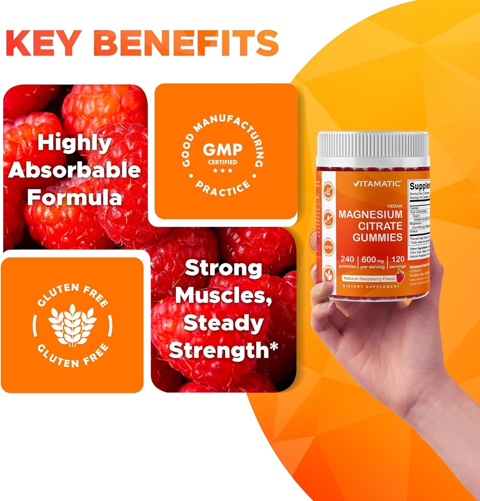 Vitamatic Magnesium Citrate Gummies 600mg per Serving - 240 Vegan Gummies - Natural Raspberry Flavor - High Absorption Magnesium Supplement - Supports Nerve, Bone and Muscle Health 6
