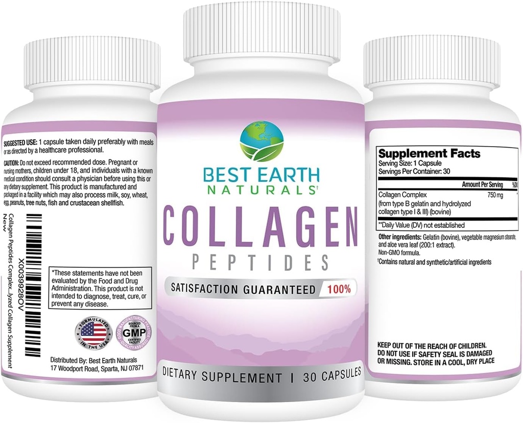 Best Earth Naturals Hydrolyzed Collagen Type I & III - Collagen Peptides Supplement for Women and Men to Support Hair, Skin, Nails, & Joints 30 Day Supply (30 Capsules) 3