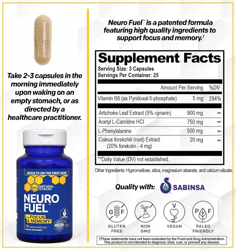 NATURAL STACKS NeuroFuel Nootropic + Dopamine Brain Food Bundle - Supports Memory, Motivation & Focus* - 135 Total Capsules 6