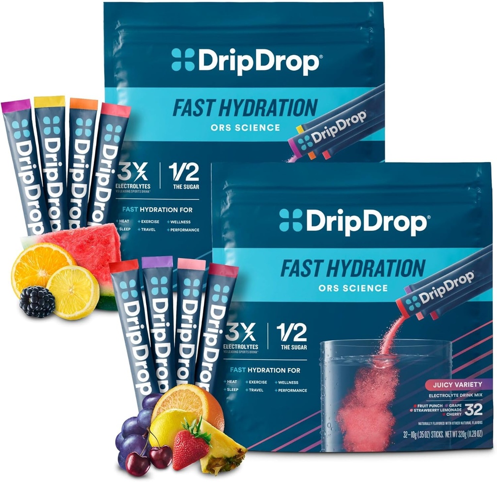DripDrop Hydration - Electrolyte Powder Packets - Watermelon, Berry, Lemon, Orange, Fruit Punch, Grape, Strawberry Lemonade, Cherry - 64 Count 2