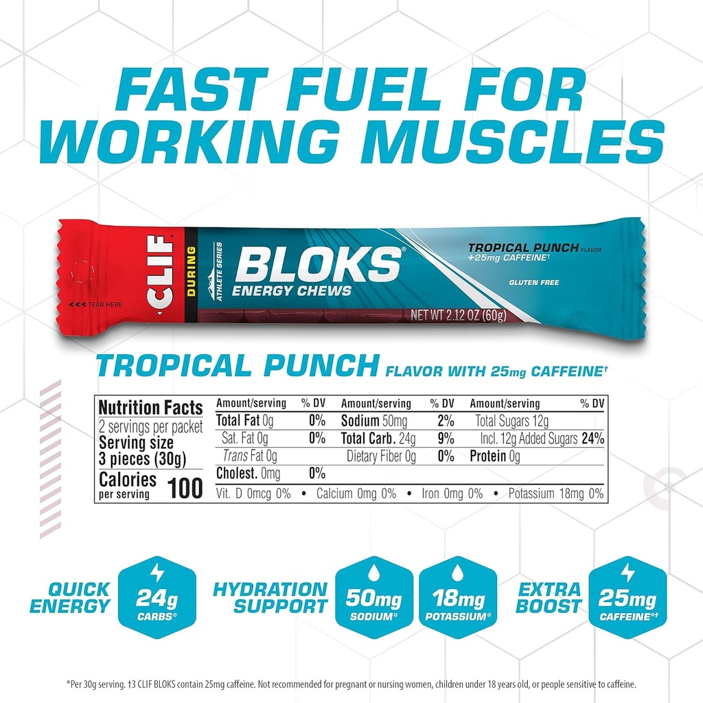 CLIF BLOKS - Tropical Punch Flavor with Caffeine - Energy Chews - Non-GMO - Plant Based - Fast Fuel for Cycling and Running - Quick Carbohydrates and Electrolytes - 2.12 oz. (18 Count) 3