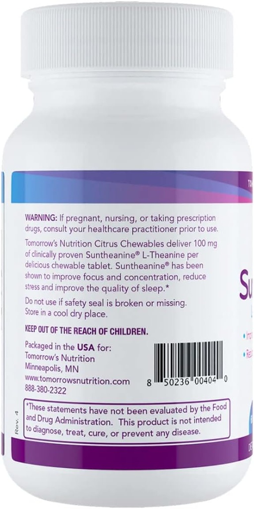 Tomorrow's Nutrition - SunTheanine L-Theanine, 100mg Tablets to Help Concentration, Focus, and Stress, 60 Chewable Tablets 4