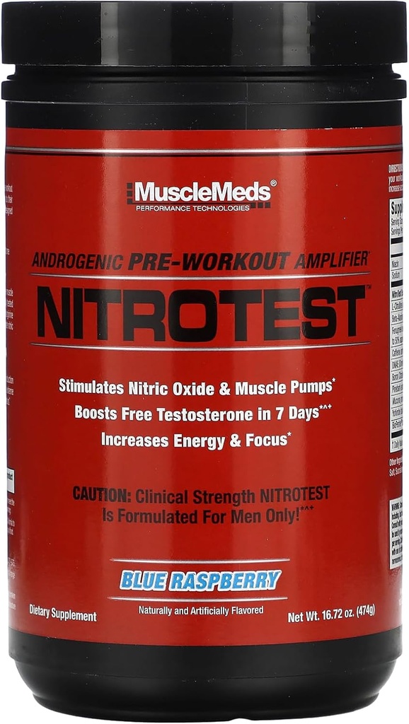 MuscleMeds Nitrotest Pre-Workout Supplement Drink, Boost Nitric Oxide, Testosterone, Blue Raspberry, 30 Serving, 1.04 Pound, 1 Count 2