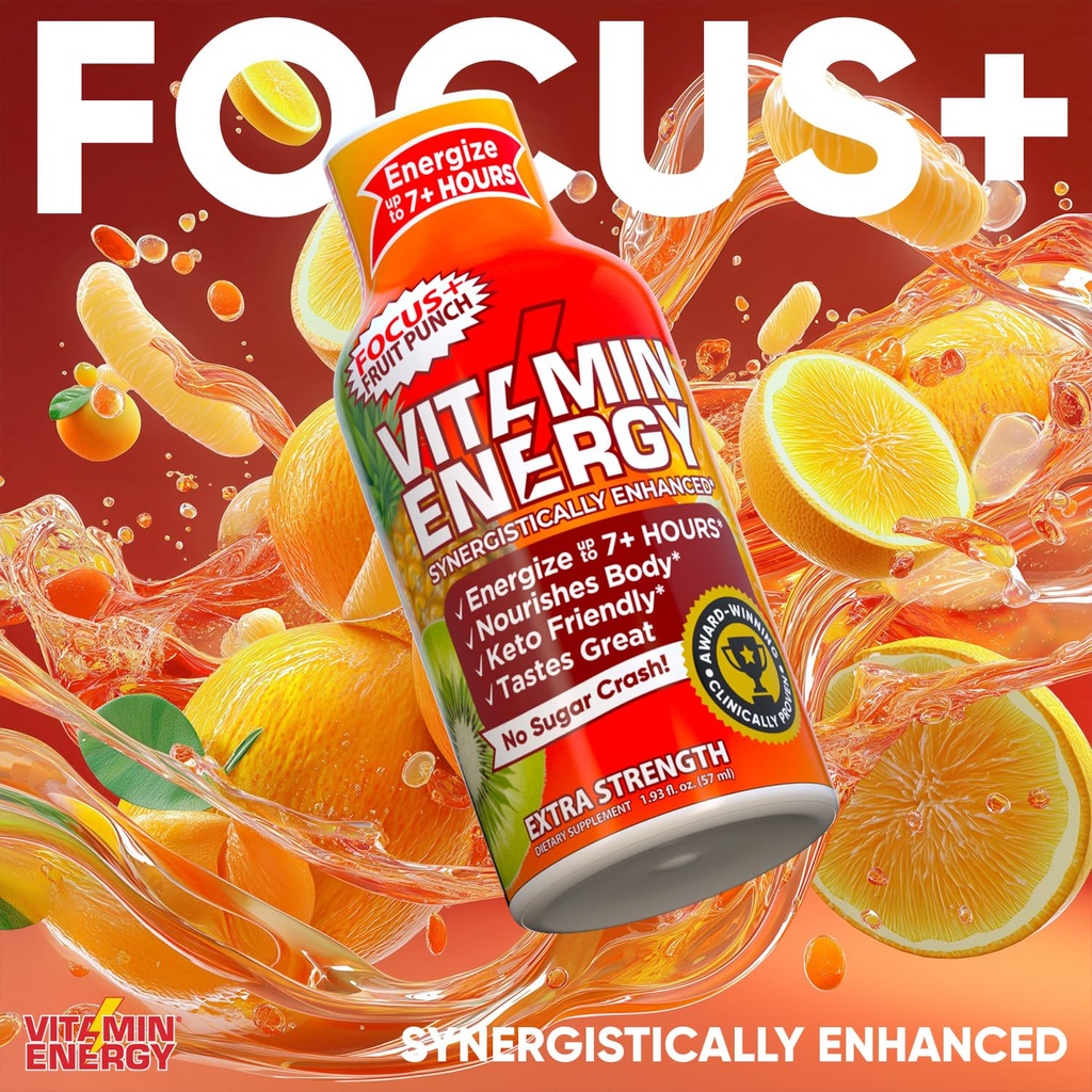 Vitamin Energy Focus+ Extra Strength Energy Shot Fruit Punch 12 Pack, 260mg Natural Caffeine, B-Vitamins, CoQ10, Amino Acids, Focus, Productivity & Clarity, Zero Sugar, Gluten-Free, 1.93 fl oz 5
