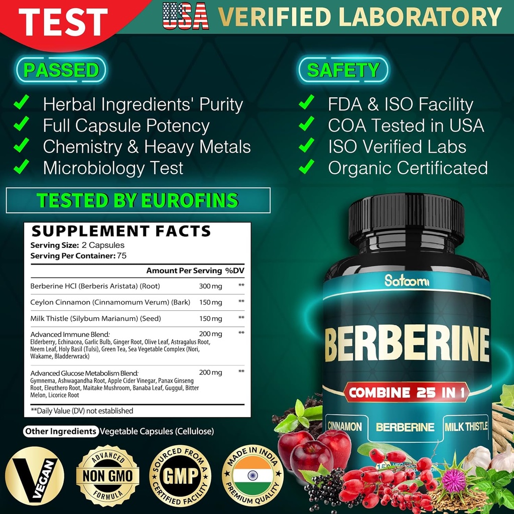 Satoomi 25in1 Berberine Supplement - Berberine Hcl - Ceylon Cinnamon - Milk Thistle and More 3