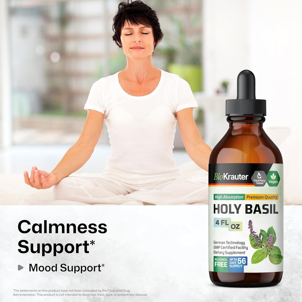 BIO KRAUTER Holy Basil Tincture - Tulsi Powder Liquid Extract - Supports Calmness and Relaxation - Ursolic Acid Supplement - Alcohol and Sugar Free - Vegan Drops 2 Fl.Oz. 3