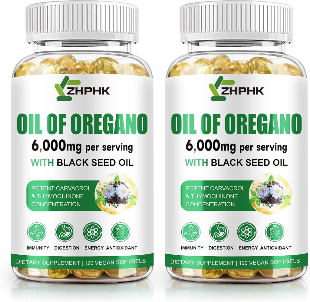 Oil of Oregano with Black Seed Oil, 6000mg Oregano Oil Capsules Organic Natural Carvacrol & Thymoquinone, Immune Digestive Support, Non-GMO, Gluten Free, 120 Count 2