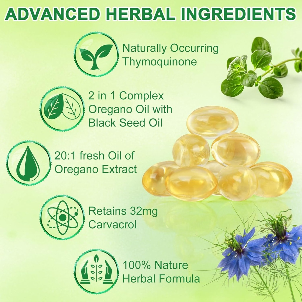 Oil of Oregano with Black Seed Oil, 6000mg Oregano Oil Capsules Organic Natural Carvacrol & Thymoquinone, Immune Digestive Support, Non-GMO, Gluten Free, 120 Count 6