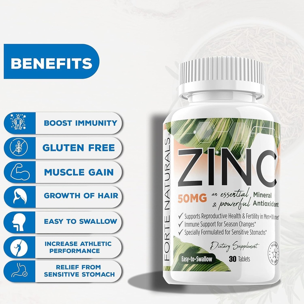 Zinc 50mg, (30 Tablets), Specially Formulated for Sensitive Stomach, Immune Support, Skin & Hair, Vegan Zinc Supplement, Non-GMO Made in USA 4
