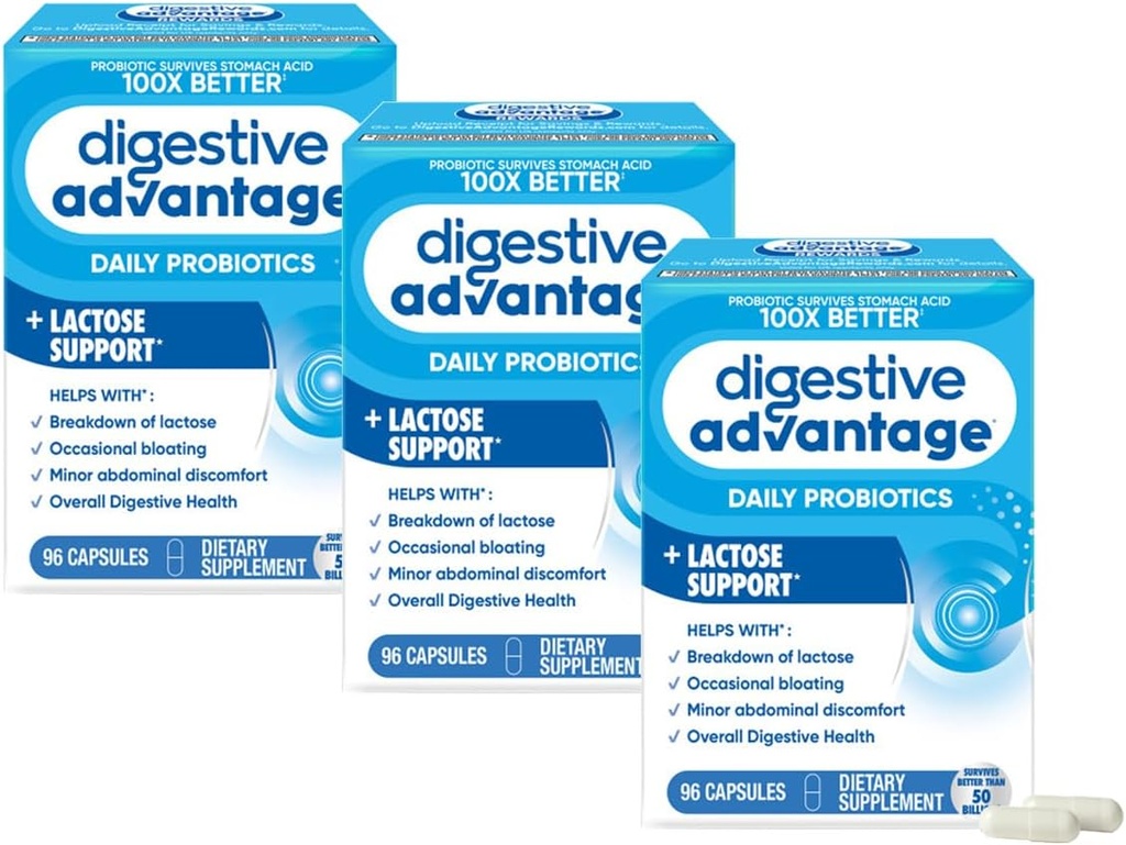 Digestive Advantage Lactose Defense Enzymes + Probiotics for Women & Men Occasional Bloating, Lactose Breakdown, Minor Abdominal Discomfort, Immune Support, 96 Count Capsules (2 Pack) 2