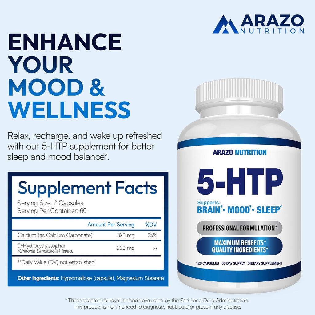 5-HTP 200 MG Plus Calcium for Mood, Sleep – Supports Calm and Relaxed Mood – 99% High Purity – 120 Capsules – Arazo Nutrition 3