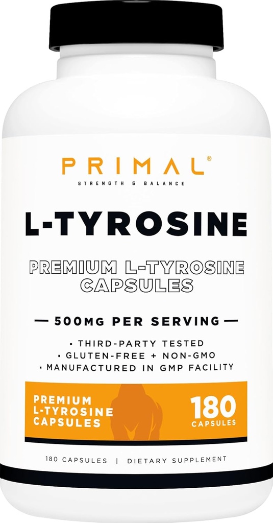 Primal L-Tyrosine Capsules (180 Capsules / 500 mg Per Serving) | Tyrosine Amino Acid Supplement 2