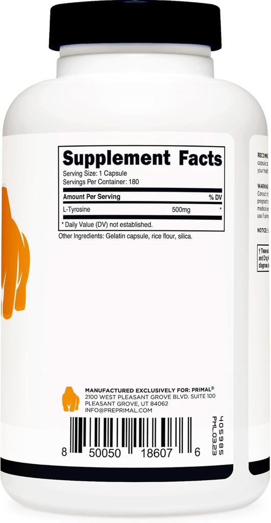 Primal L-Tyrosine Capsules (180 Capsules / 500 mg Per Serving) | Tyrosine Amino Acid Supplement 5