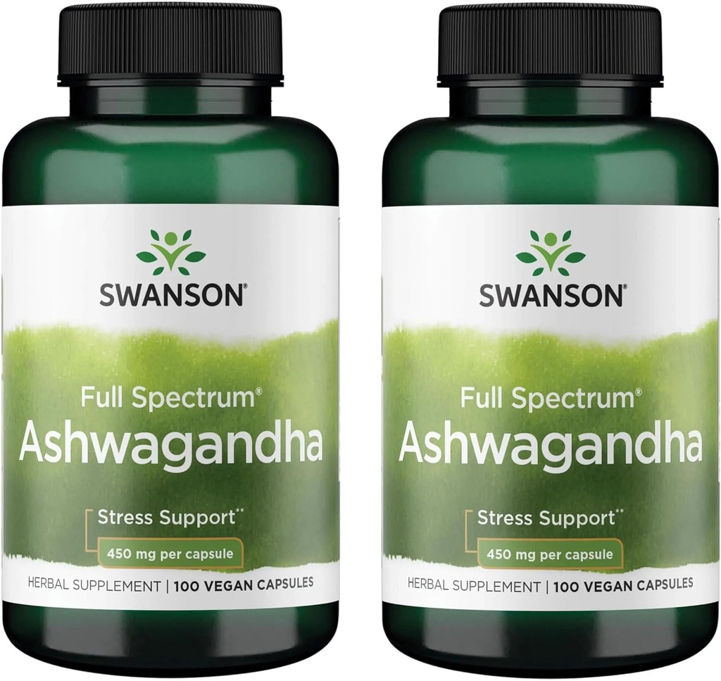 Swanson Ashwagandha Powder Supplement - with Ashwagandha Root to Promote Stress Relief & Energy - Ayurvedic Supplement for Natural Wellness (100 Capsules, 450mg Each) 2 Pack 2