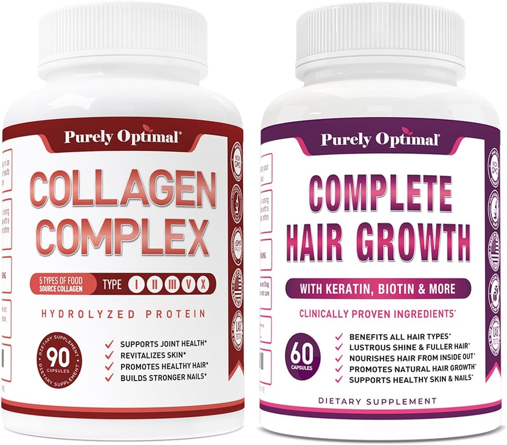 Purely Optimal Premium Multi Collagen Peptides Capsules (Types I, II, III, V, X) + Premium Hair Growth for Women & Men - Hair Growth Vitamins w/Biotin & Keratin 2
