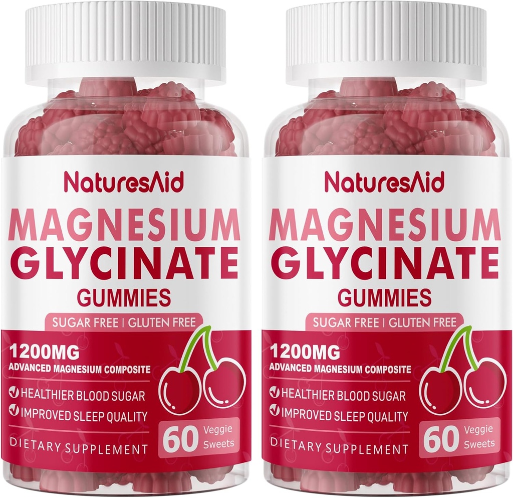 Magnesium Glycinate Gummies 1000mg - Sugar Free Magnesium Potassium Supplement with Vitamin D, B6, CoQ10 for Calm Mood & Sleep Support - 120 Cherry Gummies -2 Pack. 2