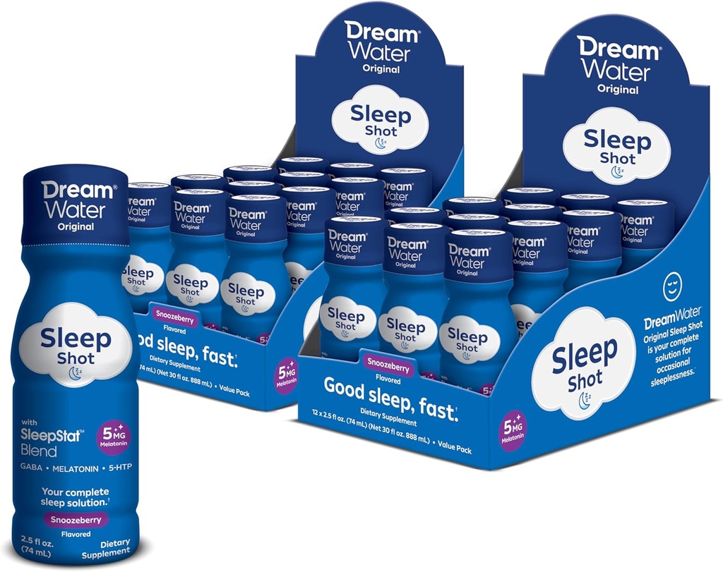 Dream Water Natural Sleep Aid, GABA, MELATONIN, 5-HTP, 2.5oz Shot, Snoozeberry, 24 Count Economy Value Pack 2