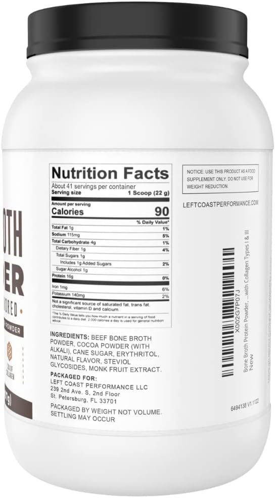 Bone Broth Protein Powder, Chocolate, Grass Fed 2lbs, 42 servings 16g protein, 13g Collagen. Low Carb, 2 net Carb, Dairy Free, Keto Friendly Bone Broth Protein Supplement with Collagen Types I & III 3