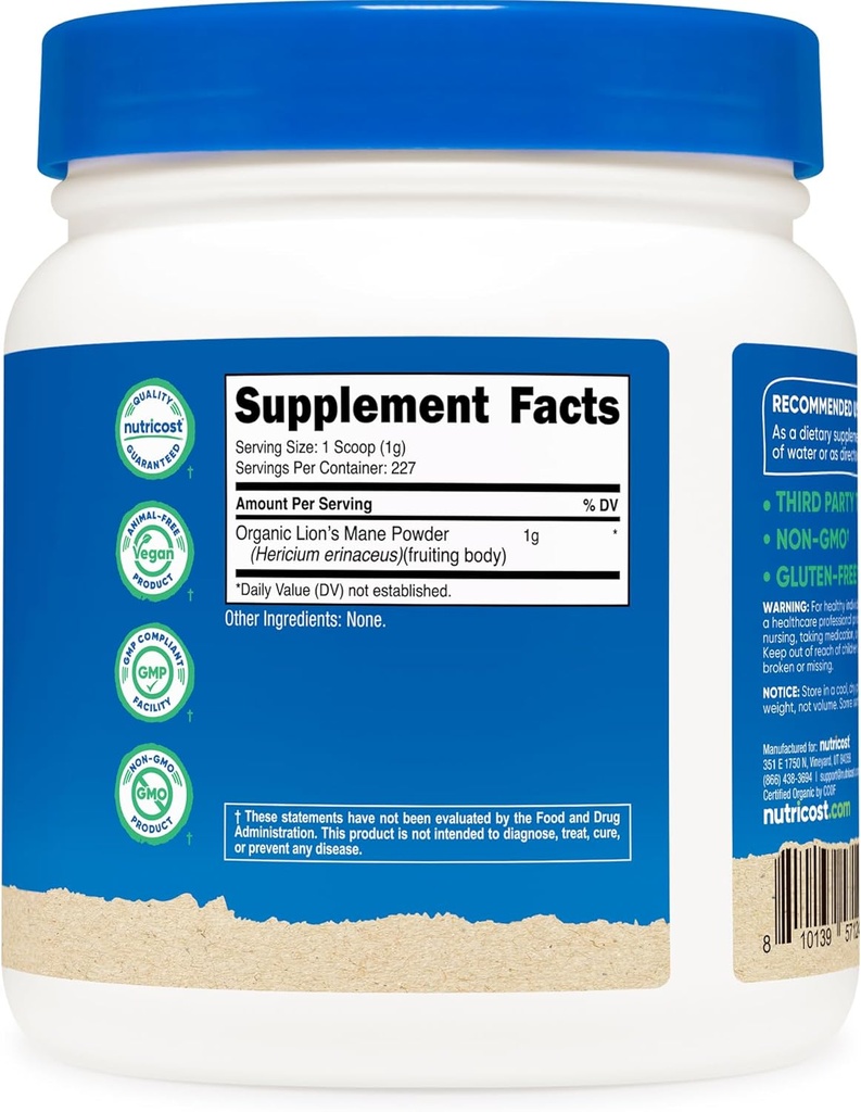 Nutricost Organic Lion's Mane Mushroom Powder (8 oz) - 227 Servings, Certified USDA Organic Supplement 6