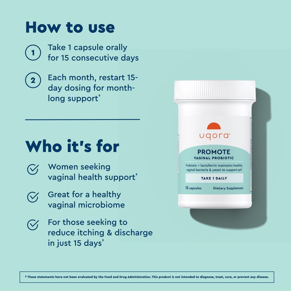 Uqora Promote - Support Vaginal Health* - Probiotic for Women with Lactoferrin, Lactobacillus Acidophilus & Lacticaseibacillus Rhamnosus - Vaginal Probiotics - Gluten-Free - 15 Capsules 6