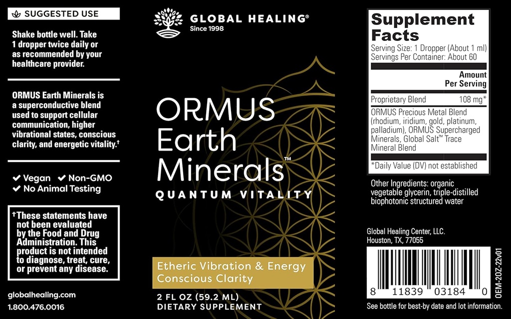 Global Healing Center ORMUS Earth Minerals - Liquid Gold, Platinum, Iridium Blend for Lucid Dreaming, Quantum Vitality and Mindful Meditation - More Bioavailable Than Monoatomic Gold - 2 Fl Oz 3