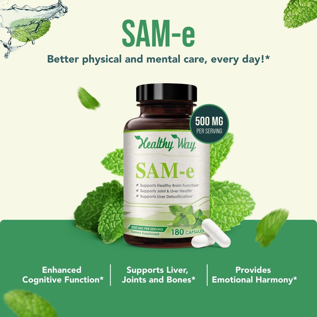 500mg SAM-e Supplement - High Strength 500mg S-Adenosyl-L-Methionine Capsules for Brain Liver and Mood Support - Non-GMO High Absorption Same Supplement (Single) 5