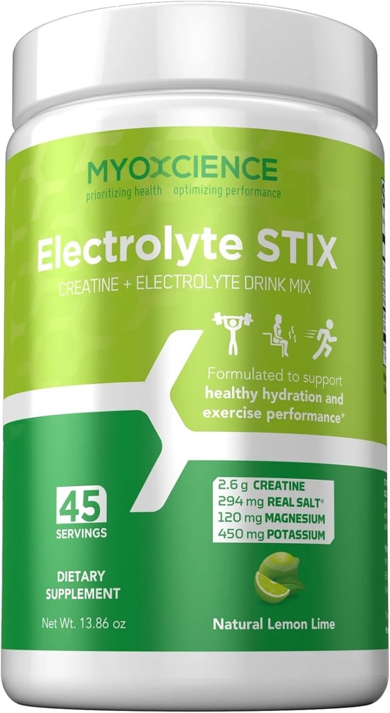 MYOXCIENCE Electrolyte STIX | Creatine Electrolyte Powder | Recovery from Exercise & Muscle Development w/Real Salt (Lemon Lime Flavor) (Jar 45 ct) 2