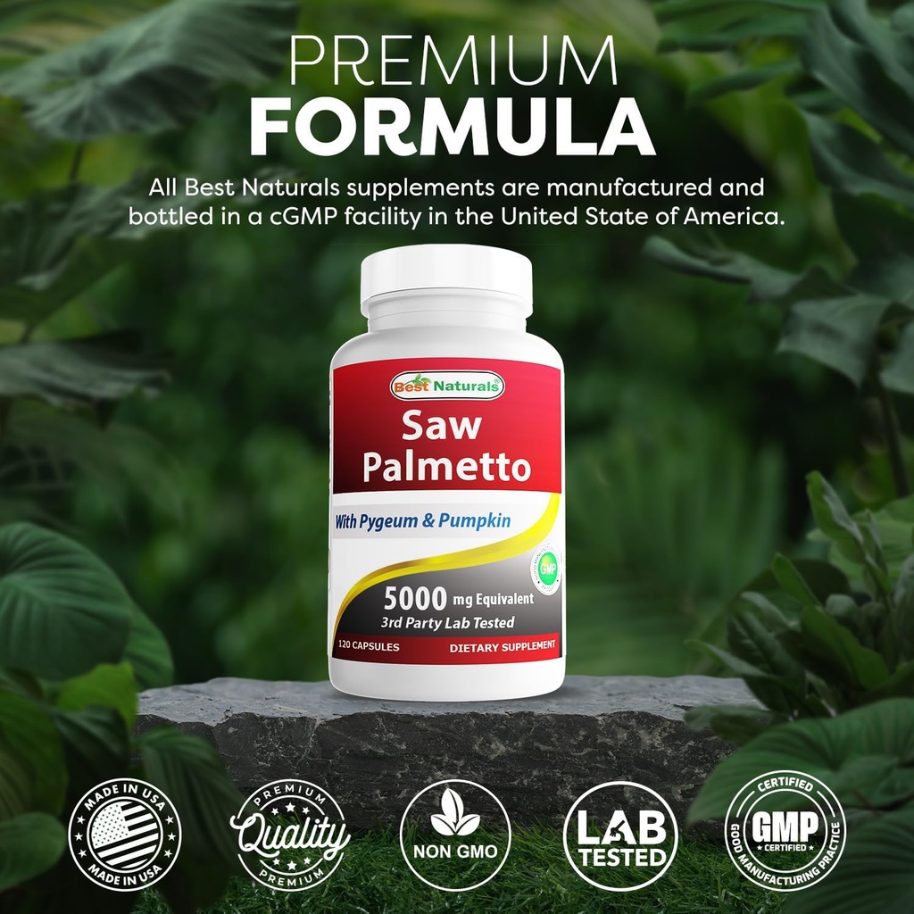 Best Naturals Saw Palmetto 10:1 Extract Prostate Supplements for Men - 120 Capsules - Made with Pygeum Bark 4:1 Extract & Pumpkin Seed Powder 6