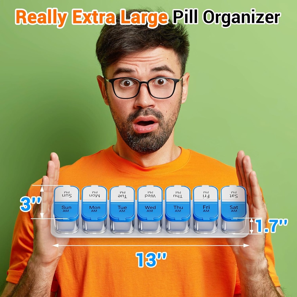 Daviky Pill Organizer, Large Daily Pill Organizer, XL Pill Box 2 Times a Day, Extra Large Weekly Pill Organizer Twice a Day, Pill Cases Organizers 7 Day AM PM, Large Pill Box Pill Holder 3