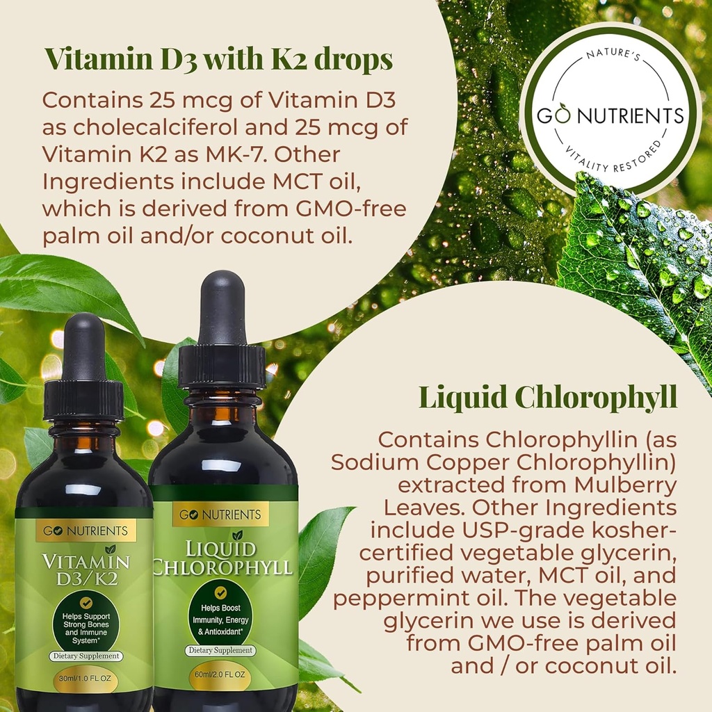 Go Nutrients Liquid Vitamin D3 with K2 (MK-7) & Liquid Chlorophyll | Sodium Copper Chlorophyllin Supplement | Vegan-Friendly 4
