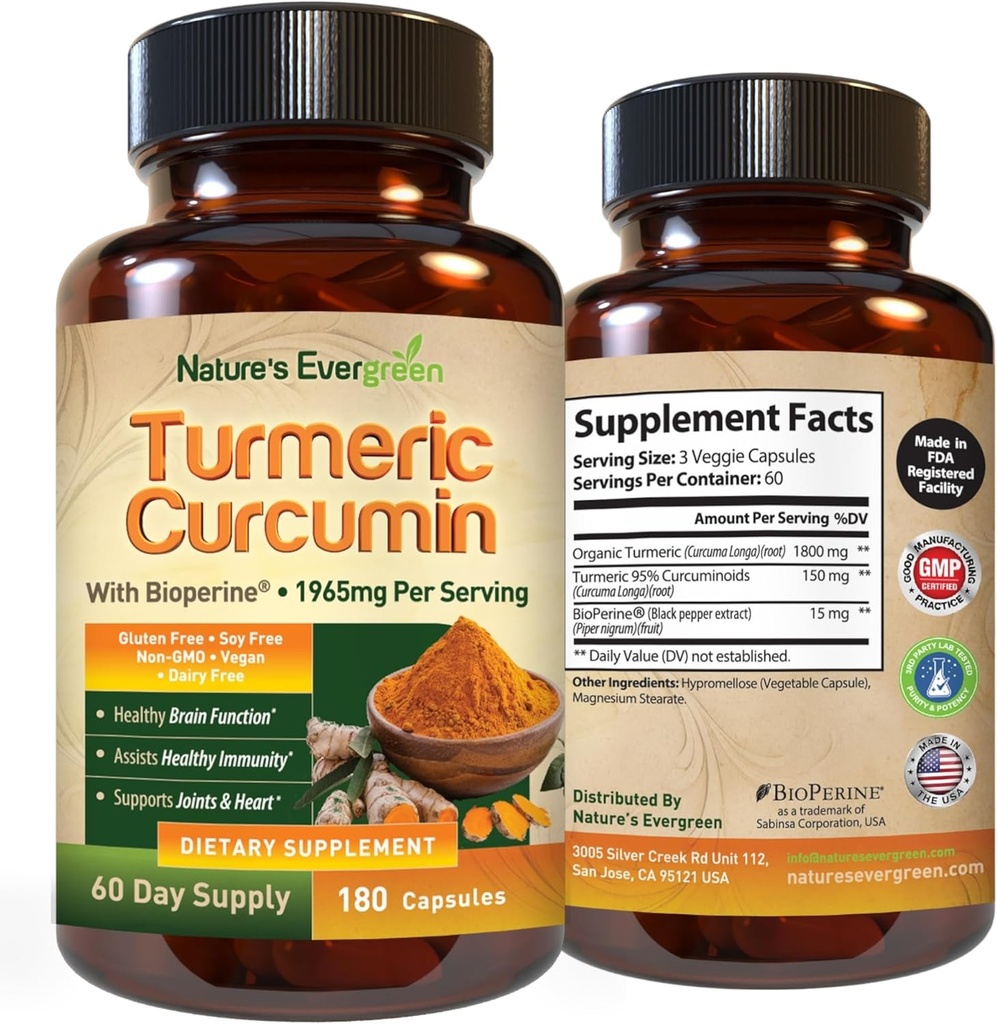 Turmeric Curcumin with Black Pepper Extract (Bioperine) & Organic Turmeric Vegan Joint Support Supplement. Extract 95% Curcuminoids 1965mg Supplement for Healthy Joints & Immune Support. 180 Capsules 2