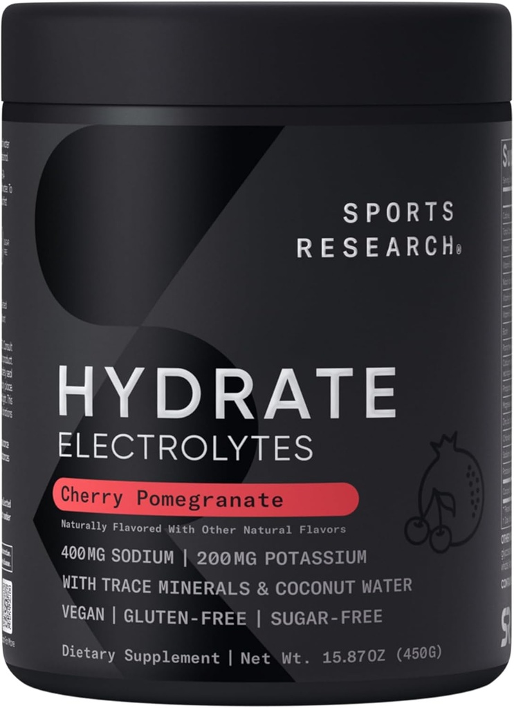 Sports Research® Hydrate Electrolytes Powder - Sugar-Free & Naturally Flavored with Vitamins, Minerals, and Coconut Water - Supports Hydration - Cherry Pomegranate - 90 Servings 2