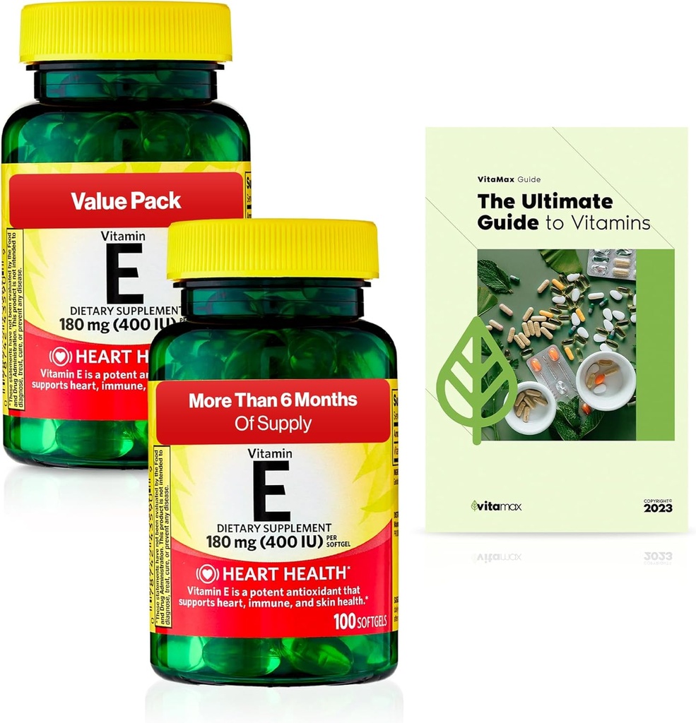 Spring Valley Vitamin E Heart Health Dietary Supplement Softgels, 180 mg (400 IU), 200 Count, 2-Pack + Exclusive VitaMax Vitamin Guide (3 Items) 2