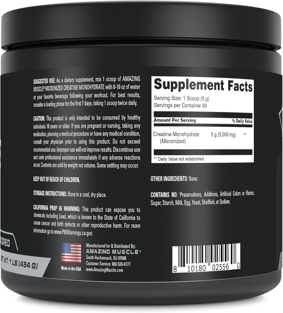 Amazing Muscle Micronized Creatine Monohydrate | 90 Servings | 5000 Mg per Serving | 1 Lb (454 Grams) | Ideal Pre & Post Workout Supplement | Unflavored (1 Pack, 1 Lb | Unflavored) 3