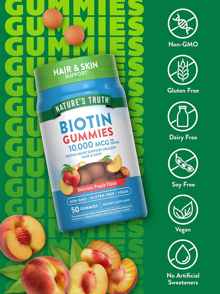 Nature's Truth Biotin Gummies | 10000mcg | 50 Count | Vegan, Non-GMO & Gluten Free Supplement | Peach Flavor 4